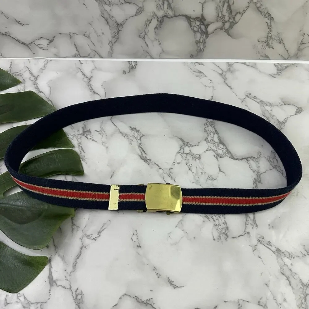 Vintage 80s Mens Woven Belt Size S Blue Red Stripe Brass Buckle Slide Nautical